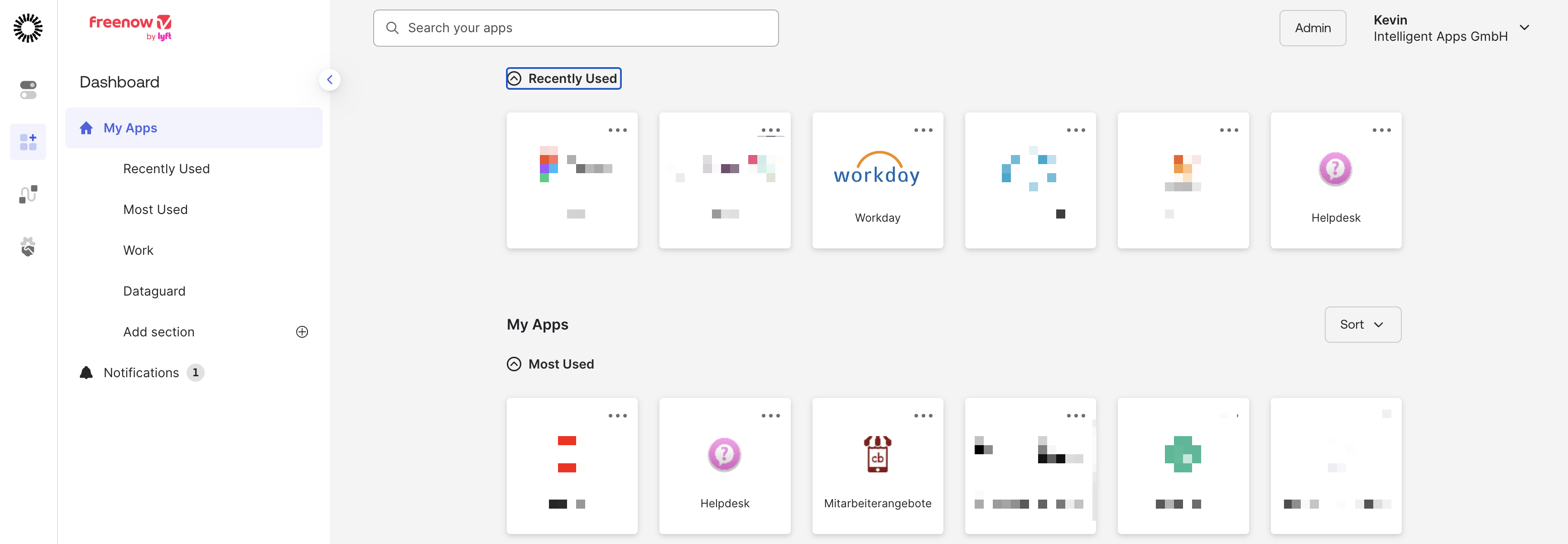 The Okta dashboard with the app tiles for your workspaces